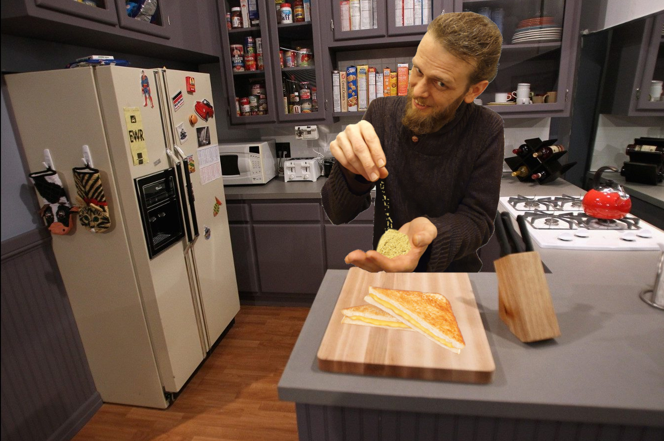 Senan in the Seinfeld Kitchen making a cheese toasty